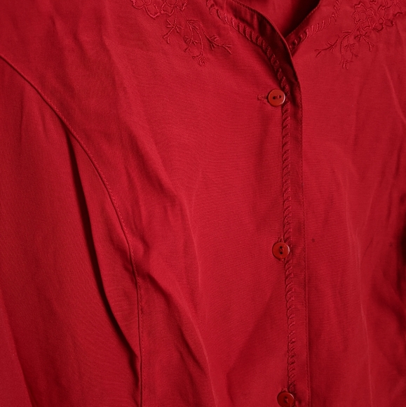 Vintage Red Embroidered Short Sleeve Button Down Blouse - Picture 4 of 16